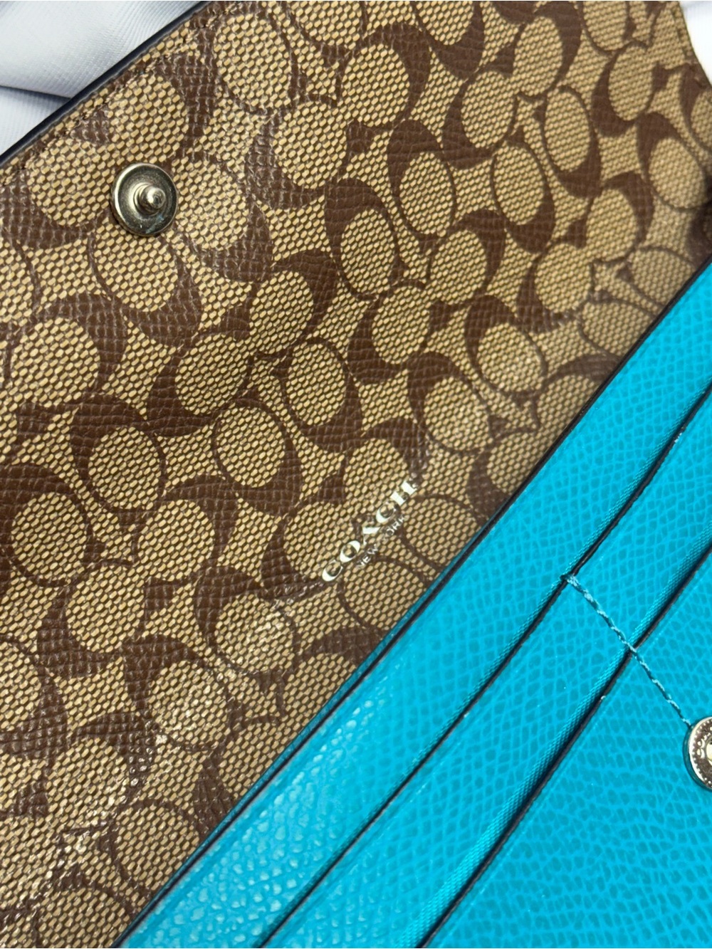 (new+card) COACH Leather Sig Teal Blue/Green Leather Continental Flap Wallet - Picture 5 of 8